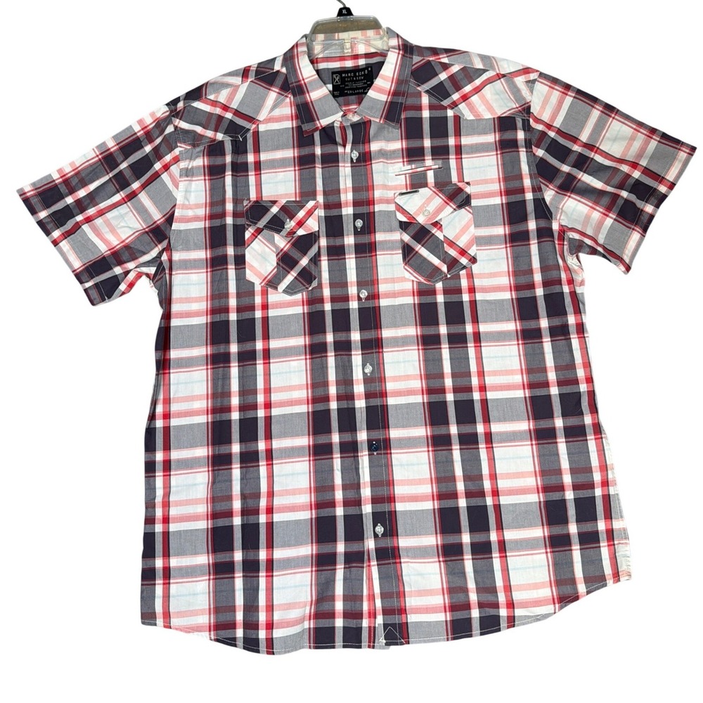 Marc Ecko Button Down Shirt Men 2XL Red Plaid Excellent Short Sleeve Western